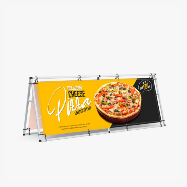 Aluminum A-Frame Banner Display with custom printed pizza promotion vinyl graphics