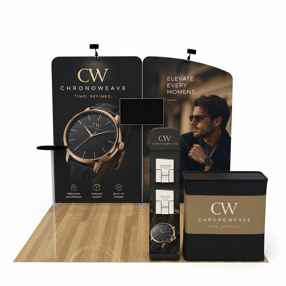 first 10x10 custom booth trade show display 10x10 custom booth with branded backwall and table cover custom 10x10 booth setup for trade show event 10x10 custom booth display with full color graphics professional 10x10 custom booth for expo and convention
