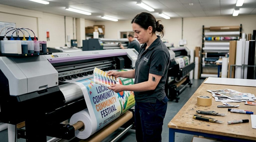 Technician checks freshly printed event banner
