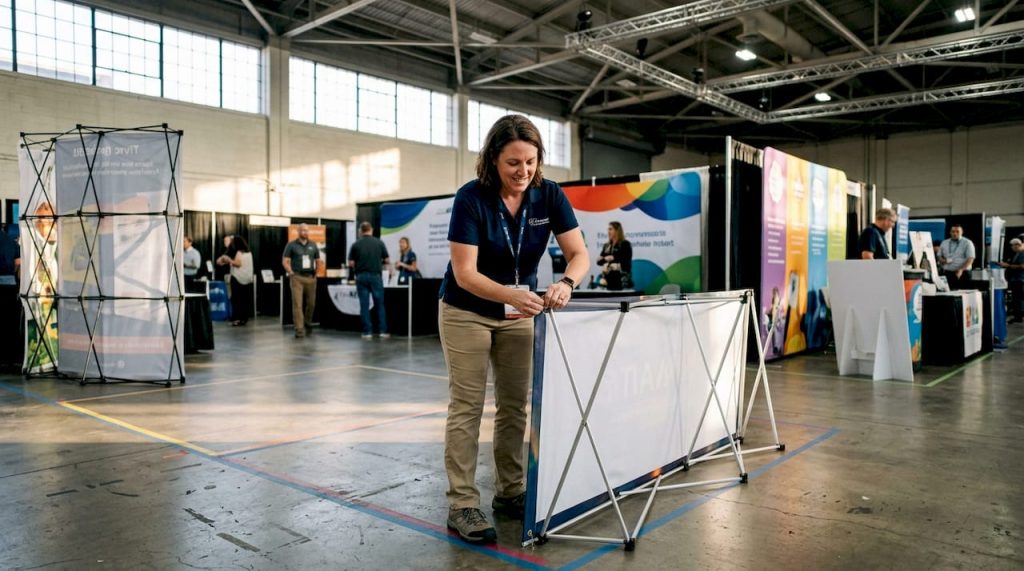 Coordinator adjusting vinyl banner at expo hall